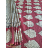 Beige and Red cotton handblock printed Saree